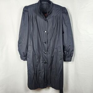 Vintage J Gallery Womens Black Pleated Shoulder Rain Trench Coat Size 14 80s 90s